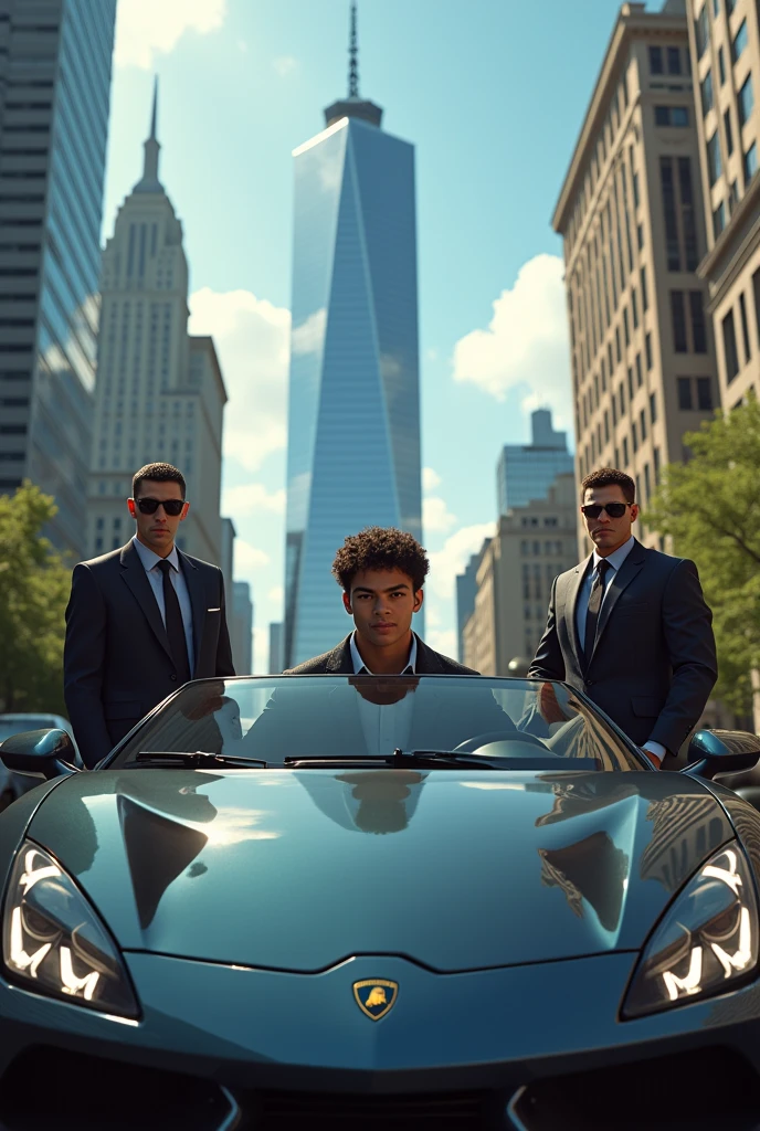 A powerful and charismatic young leader of a huge tech company named 'Nimona Inc' is sitting in his sleek Lamborghini in front of the company's modern skyscraper. His face is modeled after a young person with short curly hair and a medium skin tone, not very dark or very light, but somewhere in between. Surrounding him are two security cars, one in front and one behind the Lamborghini, filled with professional bodyguards wearing dark suits, sunglasses, and earpieces. The bodyguards are alert and protectively positioned around the car. The scene is set in a bustling city with the 'Nimona Inc' logo prominently displayed on the building, emphasizing his wealth and power.