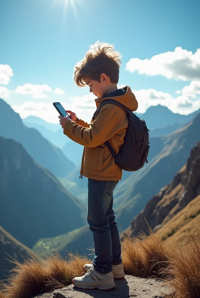 A boy ,pressing an iphone, untop of mountain
