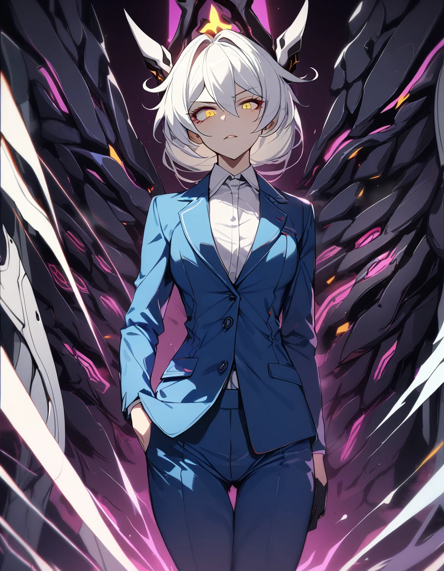 ((4k,masterpiece,best quality,kiana kaslana herrscher of void k-423 from honkai impact 3rd)),yellow eyes that have bull eyes pattern,using formal working suit,with serious face,terrifying yet elegant,threatening with void lance