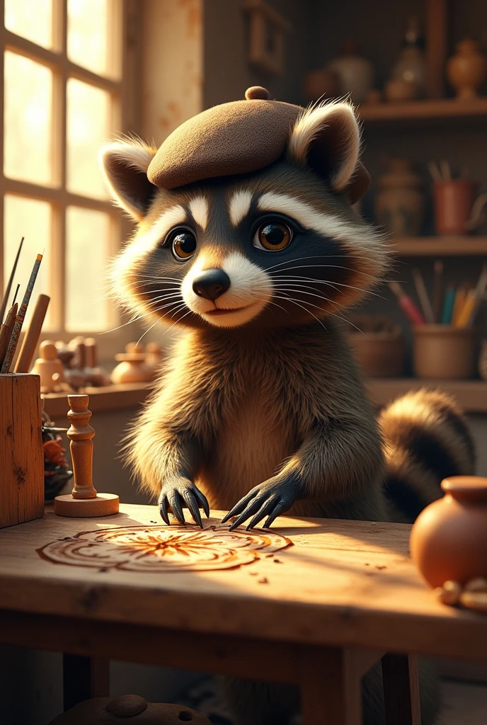 A craftsman raccoon wearing a beret