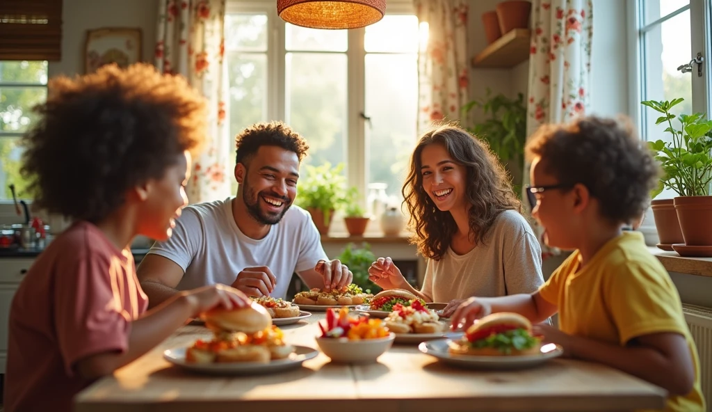 cinematic Very happy family at breakfast enjoying some sandwiches at their table