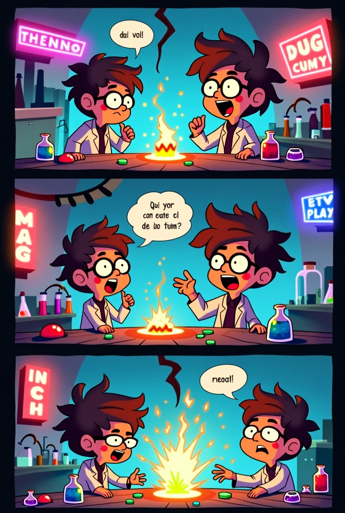 Create a Portuguese comic strip with text and speech bubbles about a scientific experiment on electrification.