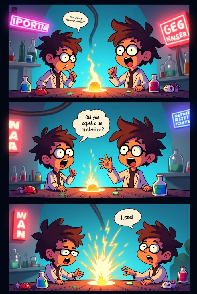 Create a Portuguese comic strip with text and speech bubbles about a scientific experiment on electrification.