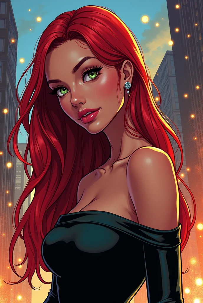 (Spiderman comic style:1.2), a woman with red straight hair, light green brown eyes, black off shoulder top