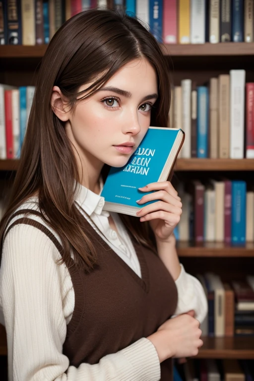 Brown haired woman, Caucasian skin, Holding a book on their face