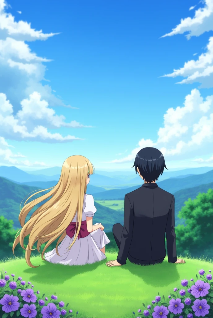 Create an image of a female anime character with blonde hair sitting on the grass next to a male character with black hair, seen from the back, with purple flowers around and with a beautiful landscape around
