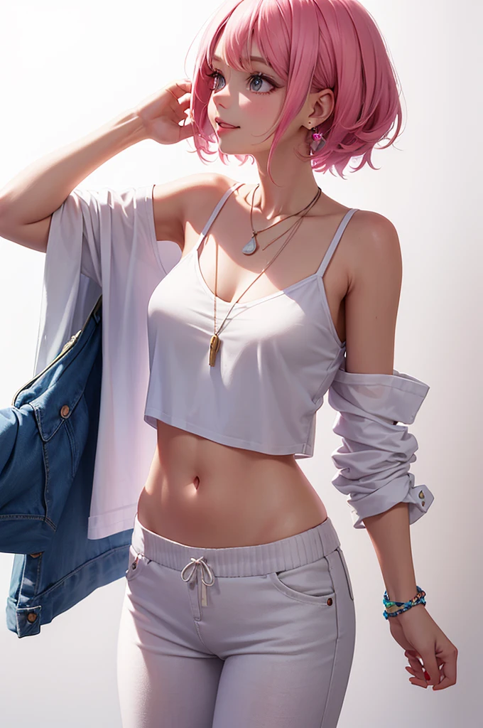 Best Quality,High resolution,8k,(plain white background, no patterns, no textures, just a plain white background:1.3),Masterpiece:1.2),beautiful girl,Shiny pink hair,messy hair,Pink eyes,A girl in a bright, oversized graphic tee or tank top with a cheerful design, paired with high-waisted, slightly oversized long pants in a light, colorful fabric with a subtle pattern. She is wearing casual sneakers with a pop of color or simple yet stylish sandals. Accessories include a playful pendant necklace and colorful stud earrings,Gentle look,A refreshing look,smile,Best quality,Best Quality,Aesthetic and aesthetic:1.2,Best details((Super detailed))(High-definition CG illustrations),Slender body,smile,blush,cute,Scrounge,Looking up,Being spoiled,super model