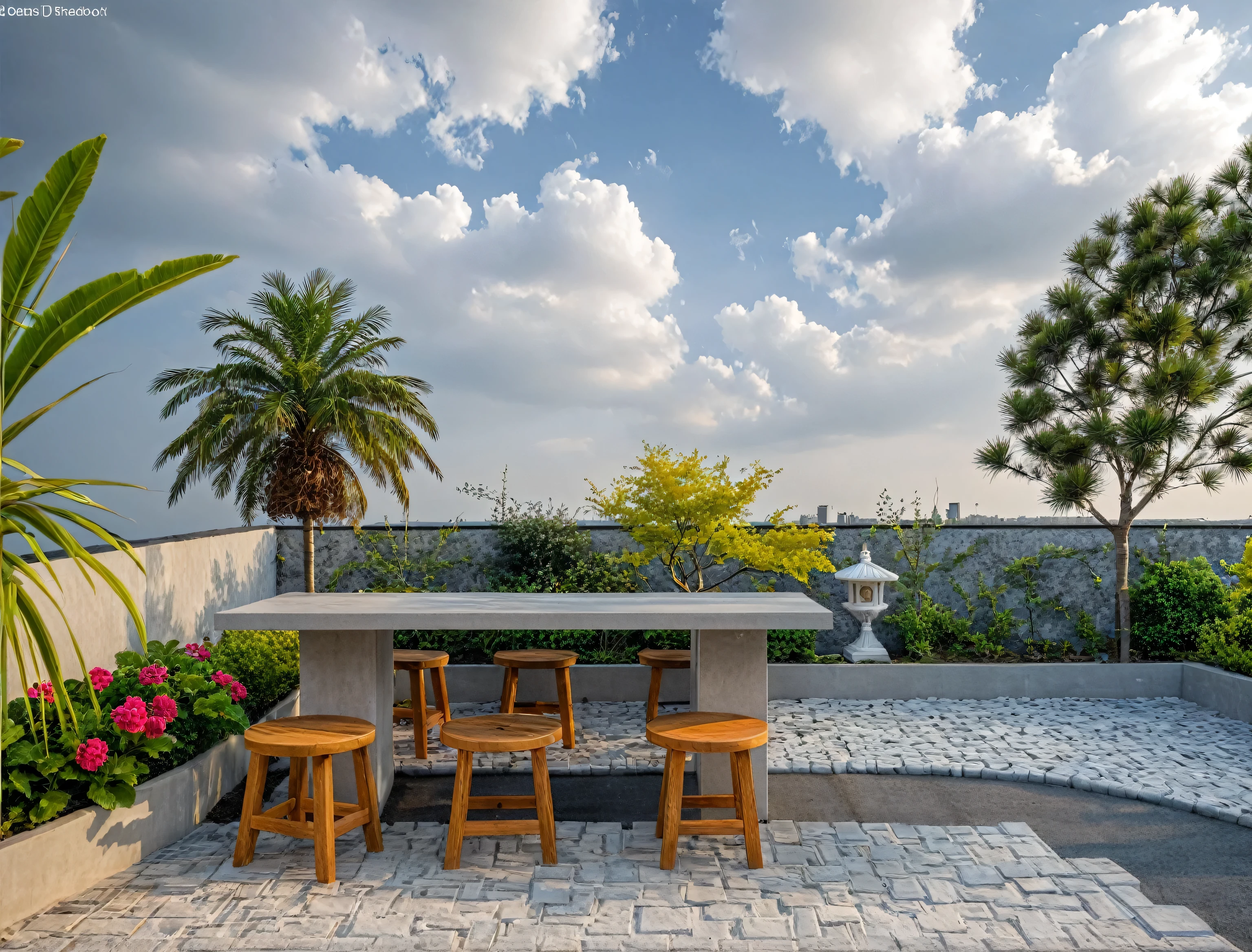 RAW PHOTO, Masterpiece, high quality, best quality, authentic, super detail, outdoors, onestoreyvillaXL, aiaigroup, house style modern on the street ,stairs, white wall ,road,pavement, grass, trees, sky, cloud, (daylight:1.1),the surrounding scenery for my rooftop garden.background, japanist,