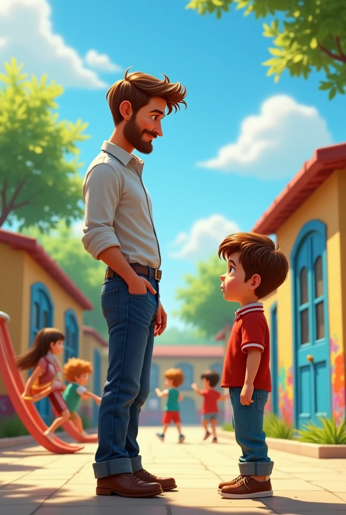 Hyper realistic, colorful Pixar style image of scene of 3D cartoon style of scene of the dad wearing jeans and professional clothes with brown hair talking to his boy with firm face expression in the school playground