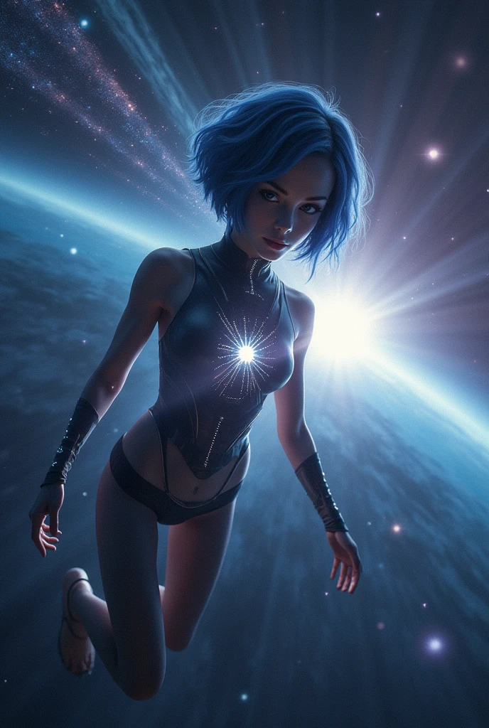 A young alien woman with short bluish-black hair flying over a star in space, escaping her planet. Her outfit has a star in the middle. 