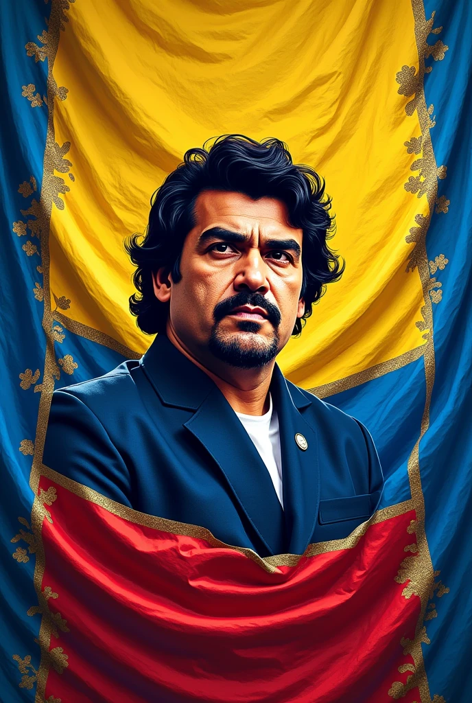 Create a flag with a blue border and the rest with the colors of Colombia, and Pablo Escobar in the middle of the flag