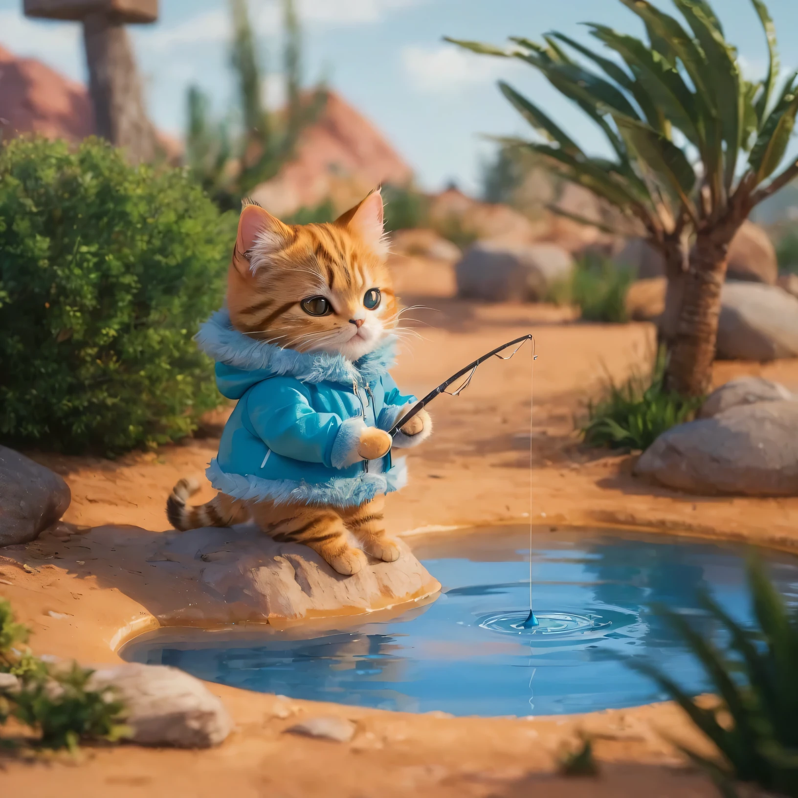 (cute cat in blue jacket:1.3), (fishing rod:1.27), standing in small waterhole in desert landscape, bushes in background, (detailed fur:1.15), whiskered face, realistic, photorealistic, 8k, highres, masterpiece, cinematic lighting, vibrant colors