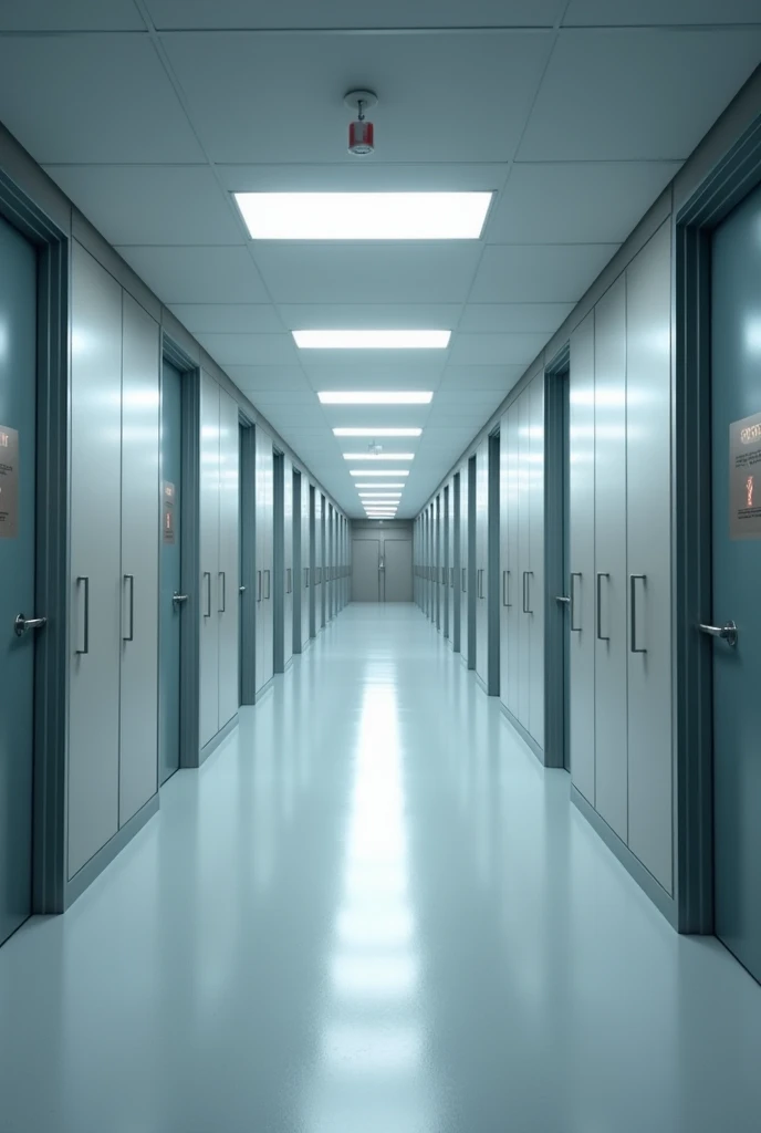 create a floor plan image of an empty university corridor, with metal doors and cabinets, long corridor with rooms on the sides