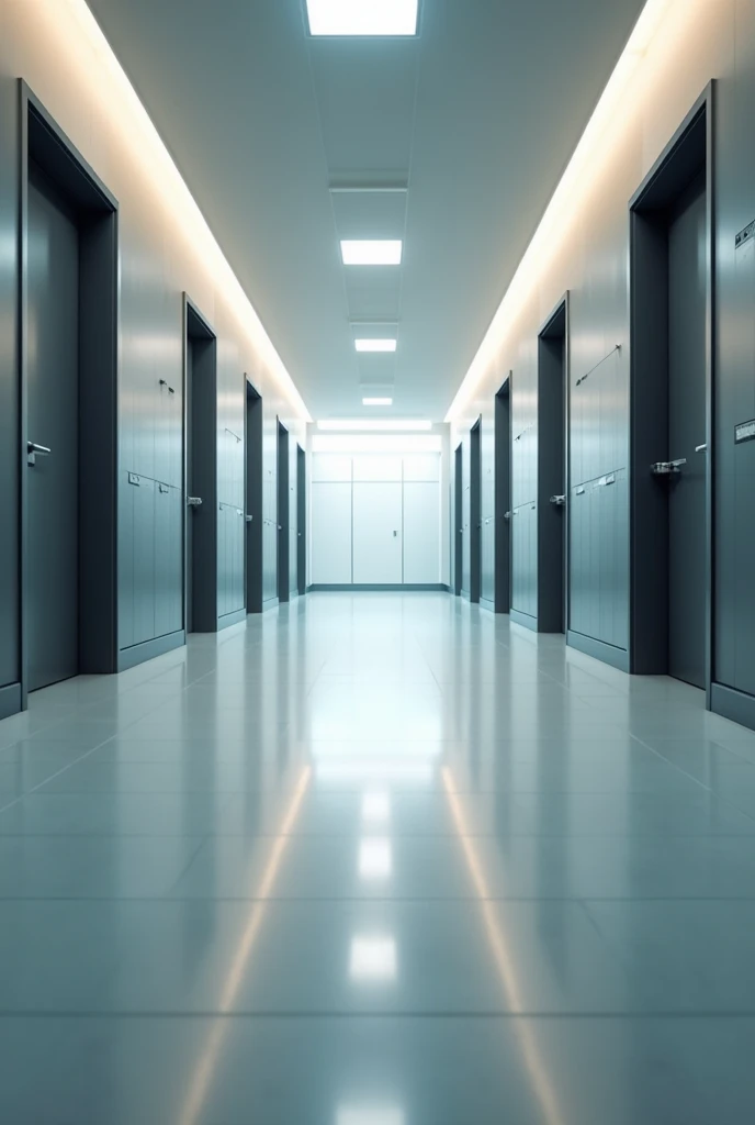 create a floor plan image of an empty university corridor, with metal doors and cabinets, long corridor with rooms on the sides