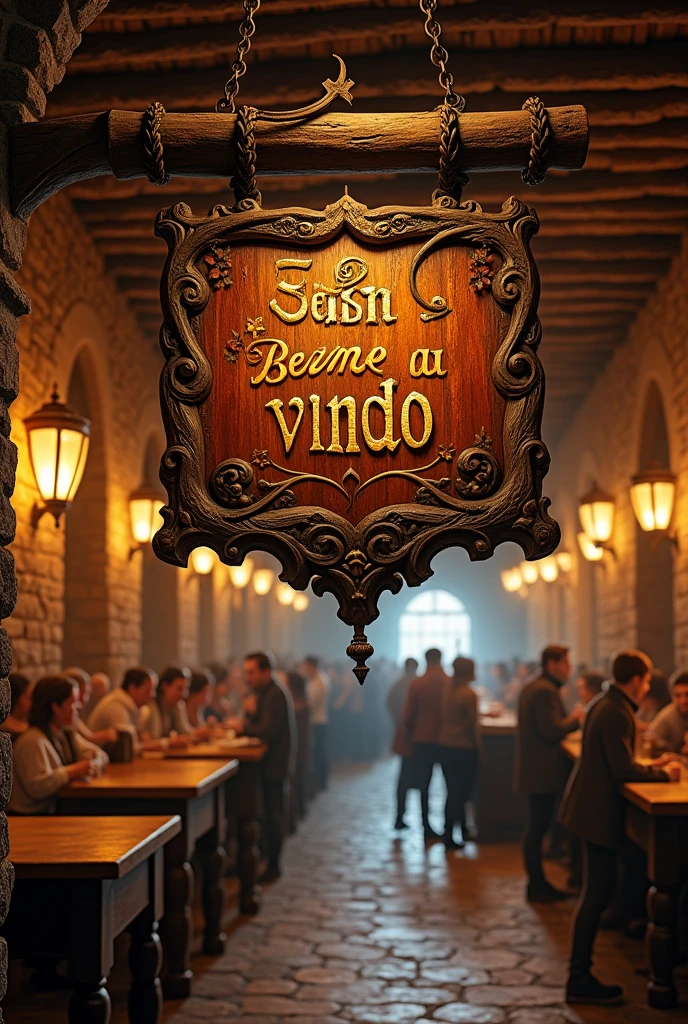 Make a sign for a medieval tavern written "Seja bem vindo(a)"