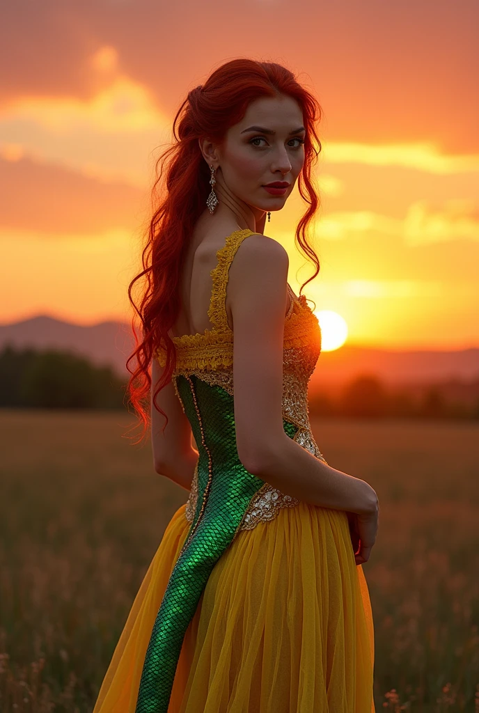 Red-haired snake woman,in a yellow and silver Victorian dress,sunset background with sun rays