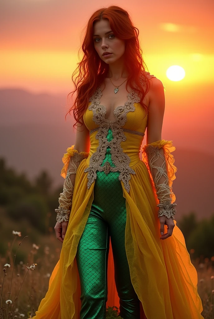 Red-haired snake woman,in a yellow and silver Victorian dress,sunset background with sun rays