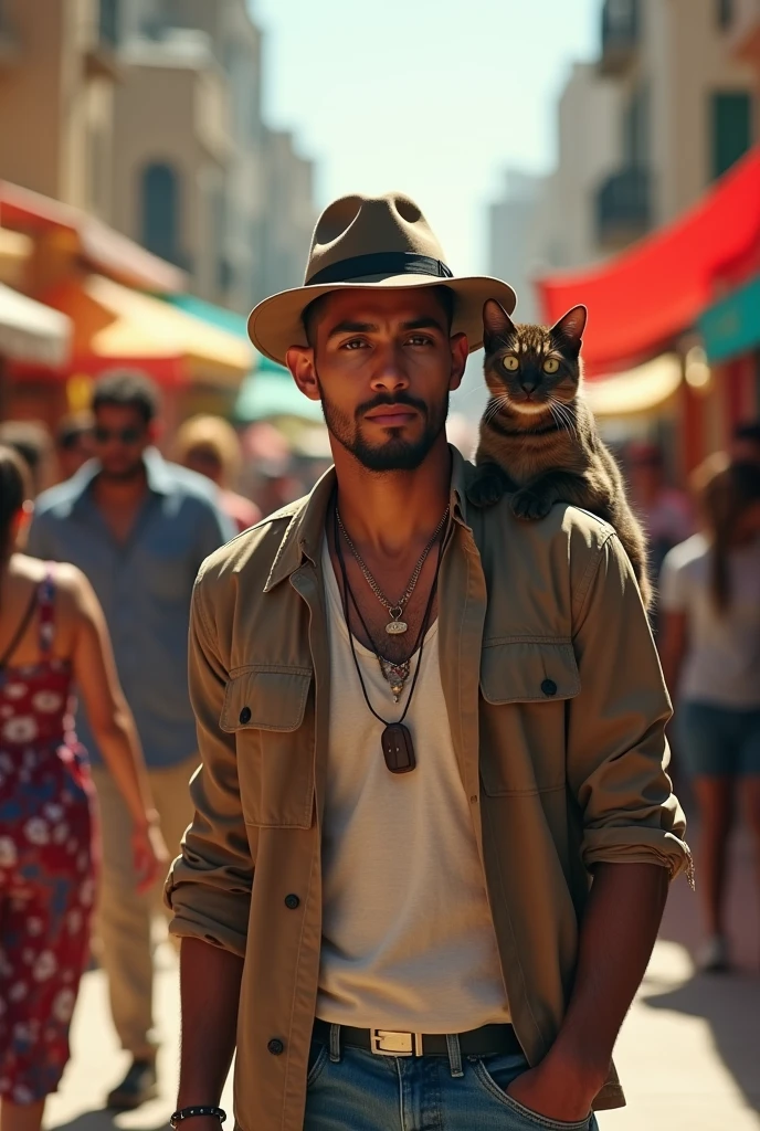 A 22-year-old North African with a goatee, short hair athletic body charming look carrying a cat on his shoulder with a hat on his head 