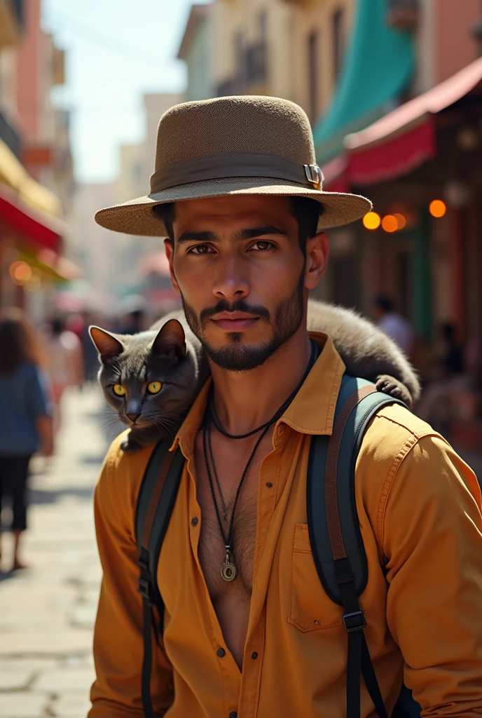 A 22-year-old North African with a goatee, short hair athletic body charming look carrying a cat on his shoulder with a hat on his head 