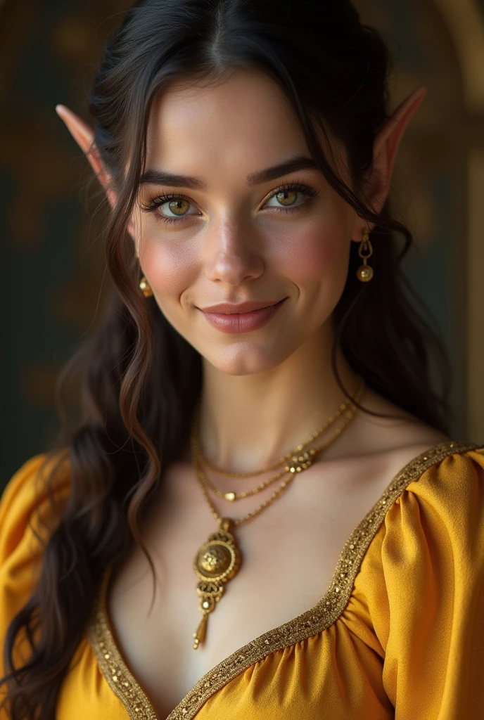 There is a woman wearing a golden dress and a gold necklace.., portrait ezio auditore as a woman, Portrait of a magician, character close up, Close-up of character portrait, female character, portrait gentleman woman, Using gold trim, Close-up of character, first portrait of a magician, yenfer, female main character, elf character with smile