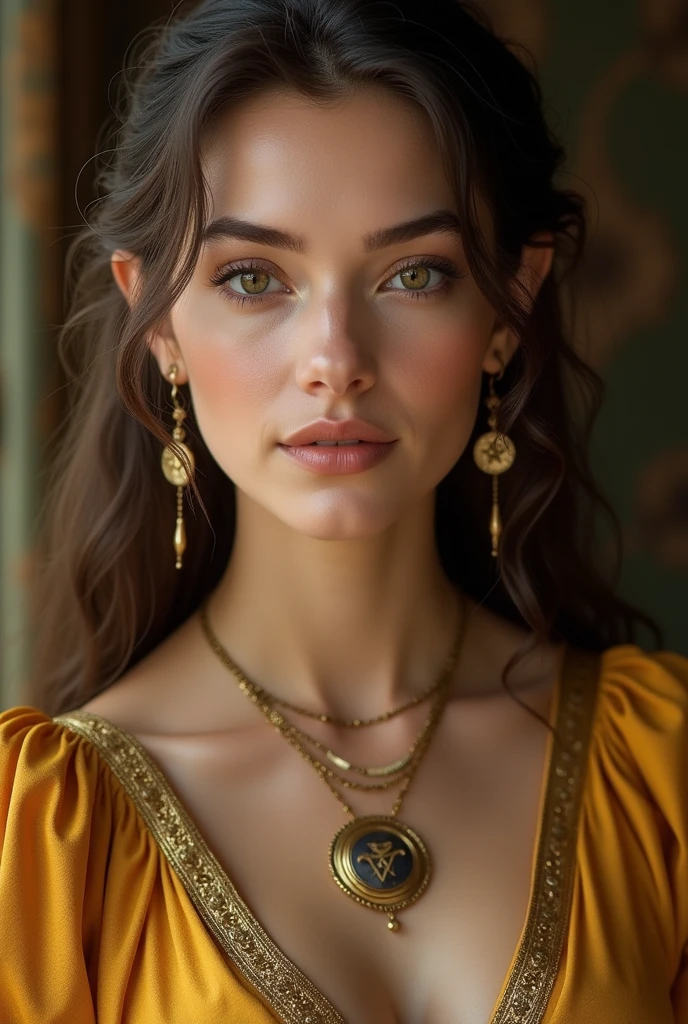 There is a woman wearing a golden dress and a gold necklace.., portrait ezio auditore as a woman, Portrait of a magician, character close up, Close-up of character portrait, female character, portrait gentleman woman, Using gold trim, Close-up of character, first portrait of a magician, yenfer, female main character, elf character with smile