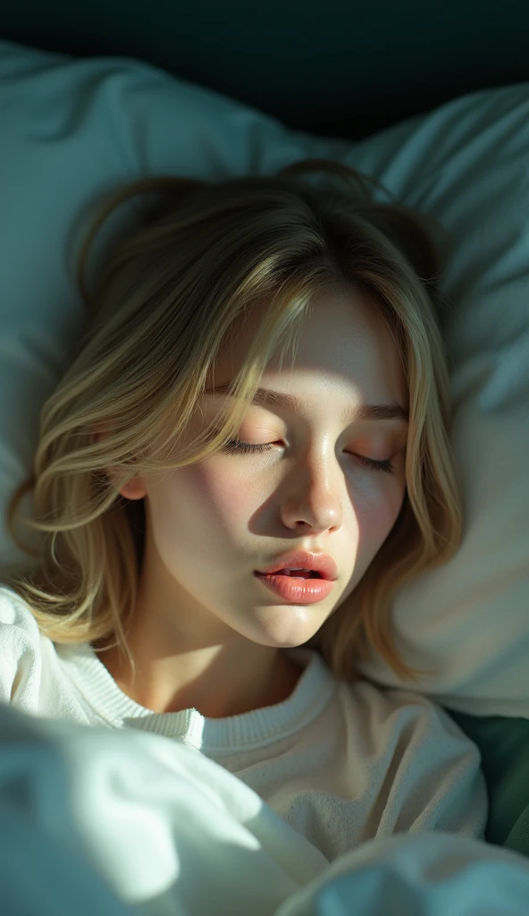 (shoulder-length straight short hair:0.9),(blonde hair:1.5),（Extremely meticulous CG 8k wallpaper），（Extremely refined and beautiful），（Masterpiece），（best qualtiy:1.0），（Ultra High Resolution:1.0），beautiful light up，Perfect lightning,realistic shaded，[A high resolution],(Smooth and flawless fair skin:1.5),(shiny skin:1.5),Extremely exquisite facial details，ultra - detailed，A girl，small head,dawn,dim light,Close Shot,at home,in bedroom,lying flat on back in bed,blue green background,(Close eyes:1.5), sleeping, fainting,(Painful:1.3) ,(open mouth:1.3),(drooling:1.4)，Top down overhead camera perspective，small face,（perfect body:1.1）,small breasts，flat chest，slim,(white pajama shirt:1.5),(femal orgasmic:1.5),(blush:1.3),ahegao,cowboy shot,portrait,(mckenna grace:madi teeuws:cameron Richardson)
