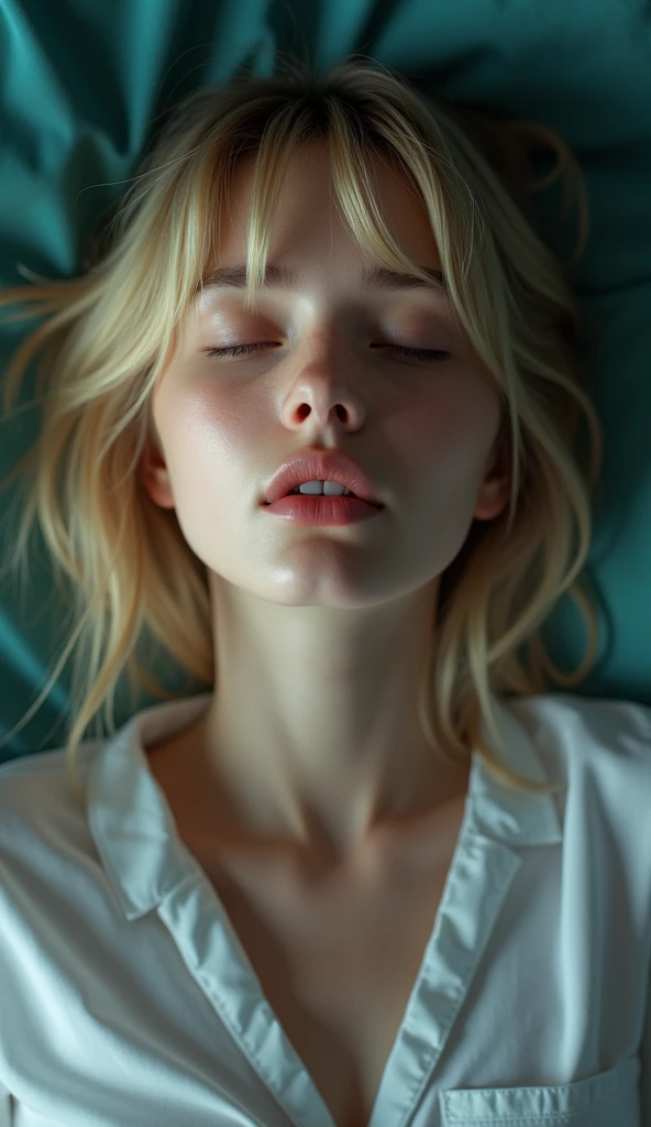(shoulder-length straight short hair:0.9),(blonde hair:1.5),（Extremely meticulous CG 8k wallpaper），（Extremely refined and beautiful），（Masterpiece），（best qualtiy:1.0），（Ultra High Resolution:1.0），beautiful light up，Perfect lightning,realistic shaded，[A high resolution],(Smooth and flawless fair skin:1.5),(shiny skin:1.5),Extremely exquisite facial details，ultra - detailed，A girl，small head,dawn,dim light,Close Shot,at home,in bedroom,lying flat on back in bed,blue green background,(Close eyes:1.5), sleeping, fainting,(Painful:1.3) ,(open mouth:1.3),(drooling:1.4)，Top down overhead camera perspective，small face,（perfect body:1.1）,small breasts，flat chest，slim,(white pajama shirt:1.5),(femal orgasmic:1.5),(blush:1.3),ahegao,cowboy shot,portrait,(mckenna grace:madi teeuws:cameron Richardson)