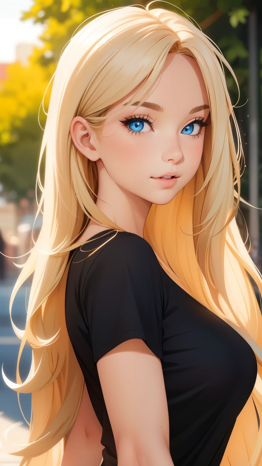 "Create a portrait of a young woman standing outdoors with a confident and warm expression. She has long, wavy blonde hair with a center parting, and she is wearing a simple black t-shirt. The background is a blurred, natural outdoor setting, with soft lighting highlighting her face. The overall mood of the image should be vibrant and engaging, capturing her bright blue eyes and natural makeup look. Ensure the composition focuses primarily on her upper body and face, with the background slightly out of focus to emphasize her features."