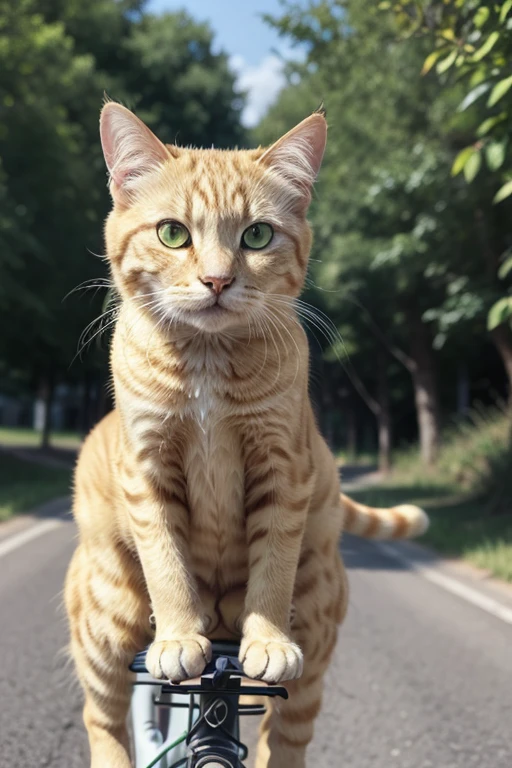 a yellow cat with green eyes riding a bicycle
