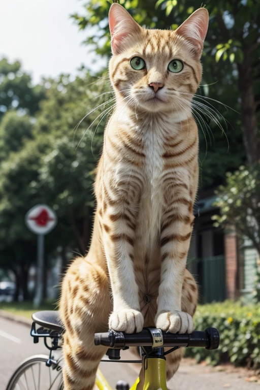 a yellow cat with green eyes riding a bicycle
