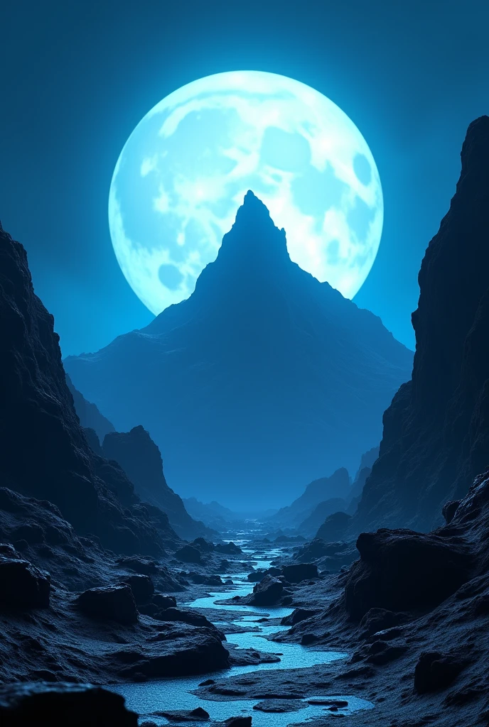 masterpiece, best quality, cinematic photo of Cyber sci-fi style, close-up of a mountain in the distance with a blue moon in the background, stunning alien planet landscape, black rocks with a glowing black mechanical platform on the ground, surreal 3d landscape style, rendered in cinema4d style, minimalist stage design, layered surface, photograph, film, highres, empty stage to showcase something
