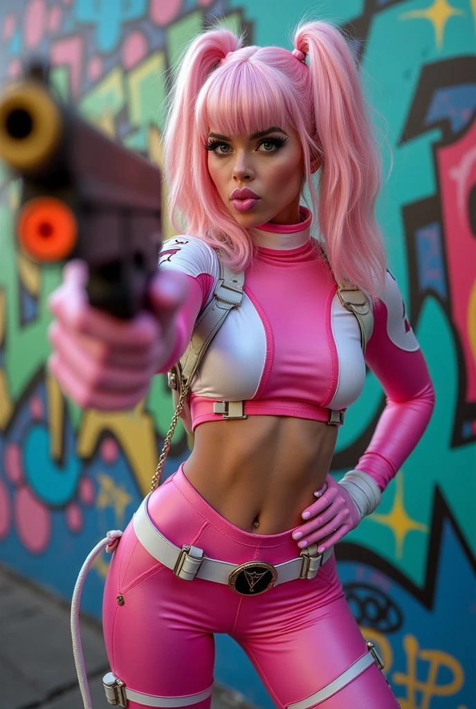 A girl Gwenpool in her iconic costume, pointing a gun at the camera and blowing a kiss, POV, best quality, 4k, 8k, highres, masterpiece:1.2, ultra-detailed, realistic, photorealistic, photo-realistic:1.37, HDR, UHD, studio lighting, ultra-fine painting, sharp focus, physically-based rendering, extreme detail description, professional, vivid colors, bokeh, comic book, action, dynamic pose