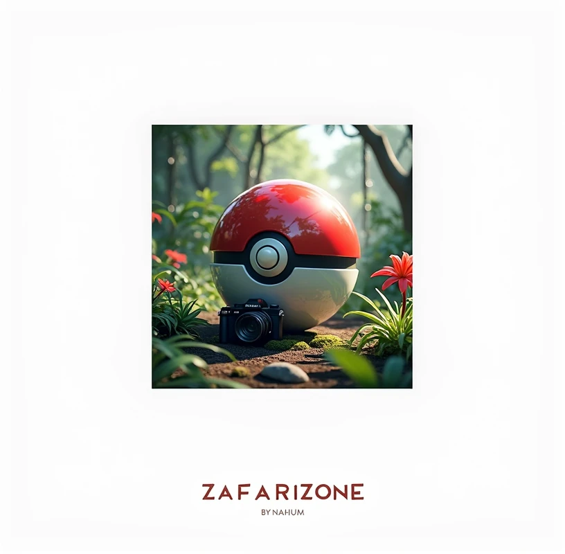 Create a pokeball and camera photography, the background should be a jungle and it should be high resolution, include the letters “zafarizone  by NahUM” dynamically, logo. 