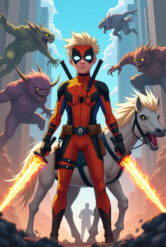 A boy, he is the son of Spider-Man and Deadpool in this universe. He is wearing a futuristic mask that strongly resembles the eyes of Spider-Man's mask. He has half blonde and half brown hair. He has fair skin. His superhero costume is a bit of both, meaning a bit of Deadpool and a bit of Spider-Man. Despite everything, his outfit has an orange and black tone, except for his gloves which are a good imitation of Wolverine's gloves. He is holding two Asgardian swords that are releasing electricity on his back. There are two sheaths and he has a utility belt with two gold-plated Desert Eagles. He is riding a bizarre plush unicorn and he is jumping against several monsters. The image has to be in anime.