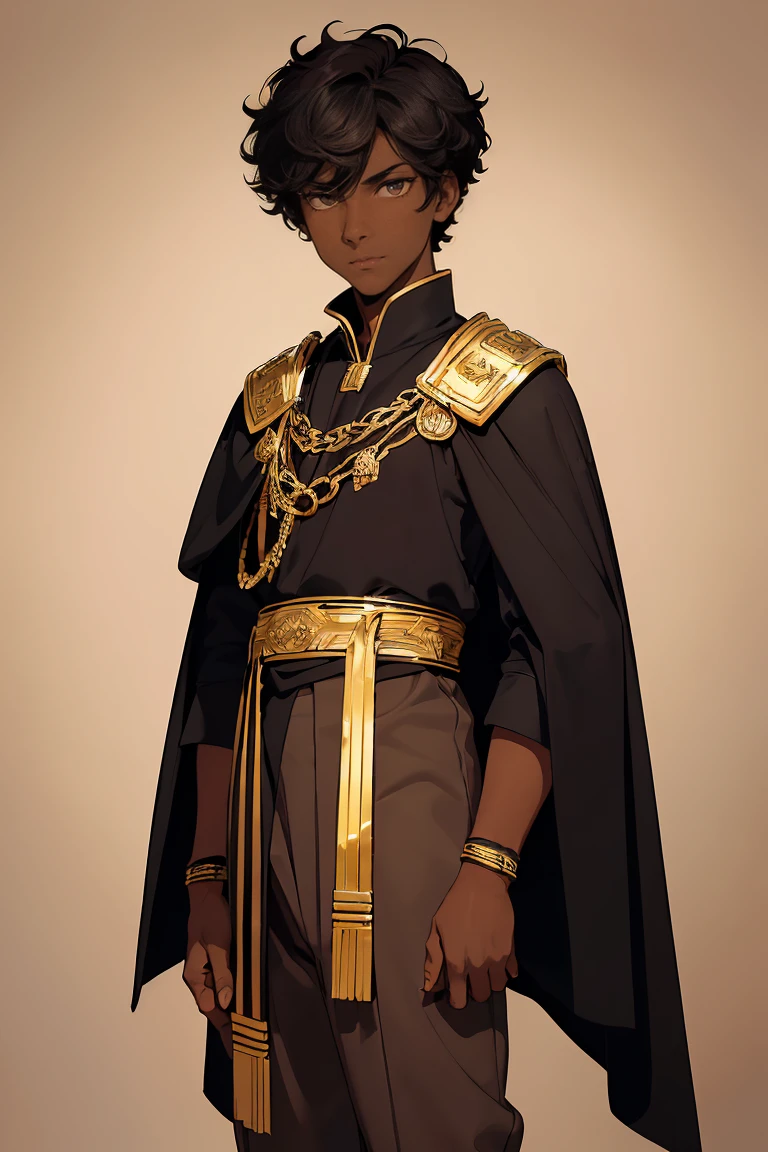 (koyo),(Very tall boy),(Solo Portrait of a Boy 1:1.5),(Boy1),(Man of the masculine gender),(young),(Full body portrait:1.5),(17 year old teenager),(average physical height),(height 1.83cm),(Dark skin color clay tone5:2.0),(mixed facial caricatures oval face and thick flat nose but a little thin And big mouth but smaller and a little thin),(short curly hair on both sides),(dark brown eyes),(young appearance of a teenager),(Wearing),+,(an 8th century emperor's outfit consisting of a still shiny black cape and black pants with black boots with gold lines and a blouse with black sleeves with gold)