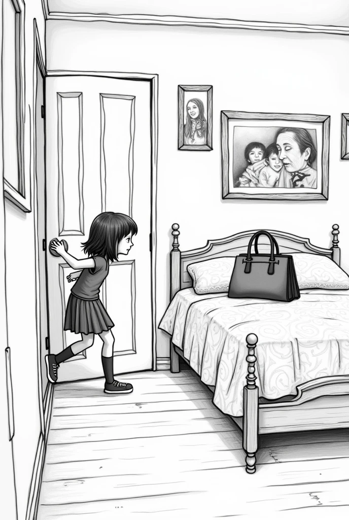 A black and white line drawing, wide shot (Wide shot):** Mint opened the door and entered her parents' bedroom. She walked straight to her mother's bag on the bed.