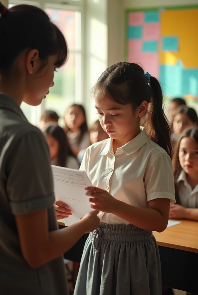 A  hands her report card reluctantly 
 