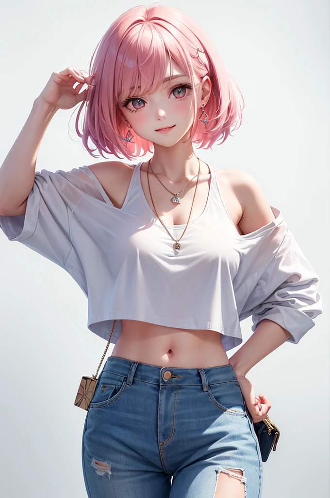 Best Quality,High resolution,8k,(plain white background, no patterns, no textures, just a plain white background:1.3),Masterpiece:1.2),beautiful girl,Shiny pink hair,messy hair,Pink eyes,A girl in a bright, oversized graphic tee or tank top with a cheerful design, paired with high-waisted, slightly oversized long pants in a light, colorful fabric with a subtle pattern. She is wearing casual sneakers with a pop of color or simple yet stylish sandals. Accessories include a playful pendant necklace and colorful stud earrings,Gentle look,A refreshing look,smile,Best quality,Best Quality,Aesthetic and aesthetic:1.2,Best details((Super detailed))(High-definition CG illustrations),Slender body,smile,blush,cute,Scrounge,Looking up,Being spoiled,super model,(focus face)