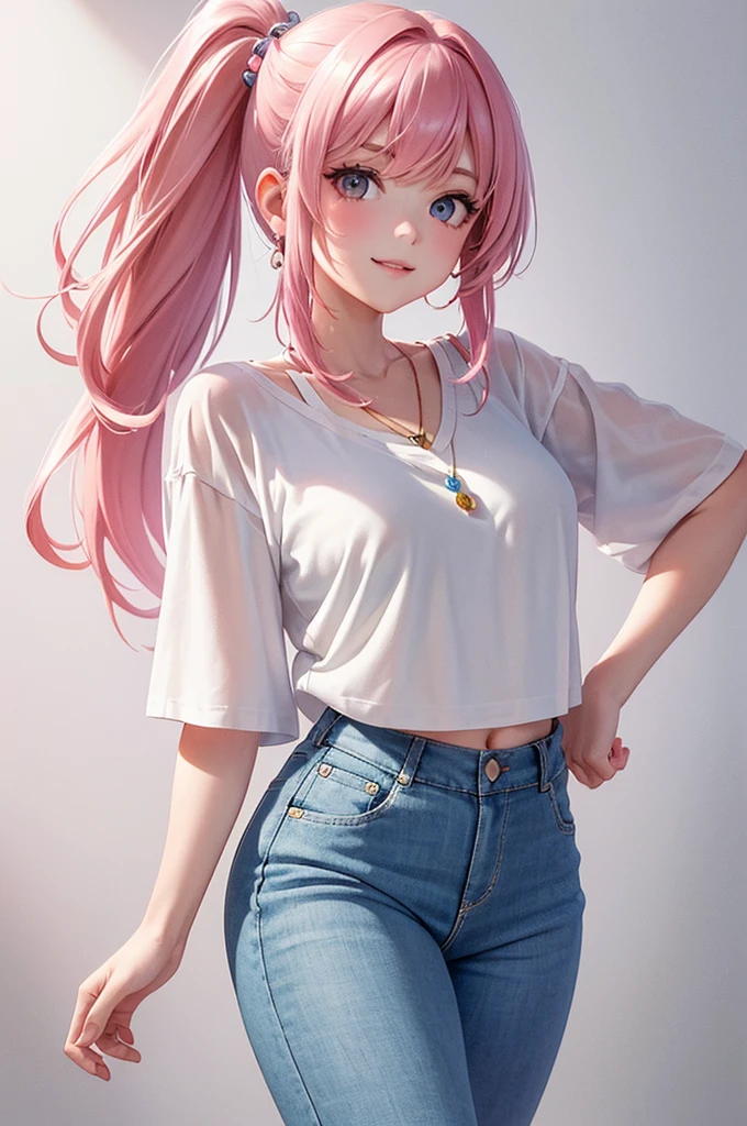 Best Quality,High resolution,8k,(plain white background, no patterns, no textures, just a plain white background:1.3),Masterpiece:1.2),beautiful girl,Shiny pink hair,messy hair,Pink eyes,A girl in a bright, oversized graphic tee or tank top with a cheerful design, paired with high-waisted, slightly oversized long pants in a light, colorful fabric with a subtle pattern. She is wearing casual sneakers with a pop of color or simple yet stylish sandals. Accessories include a playful pendant necklace and colorful stud earrings,Gentle look,A refreshing look,smile,Best quality,Best Quality,Aesthetic and aesthetic:1.2,Best details((Super detailed))(High-definition CG illustrations),Slender body,smile,blush,cute,Scrounge,Looking up,Being spoiled,super model,(focus face)