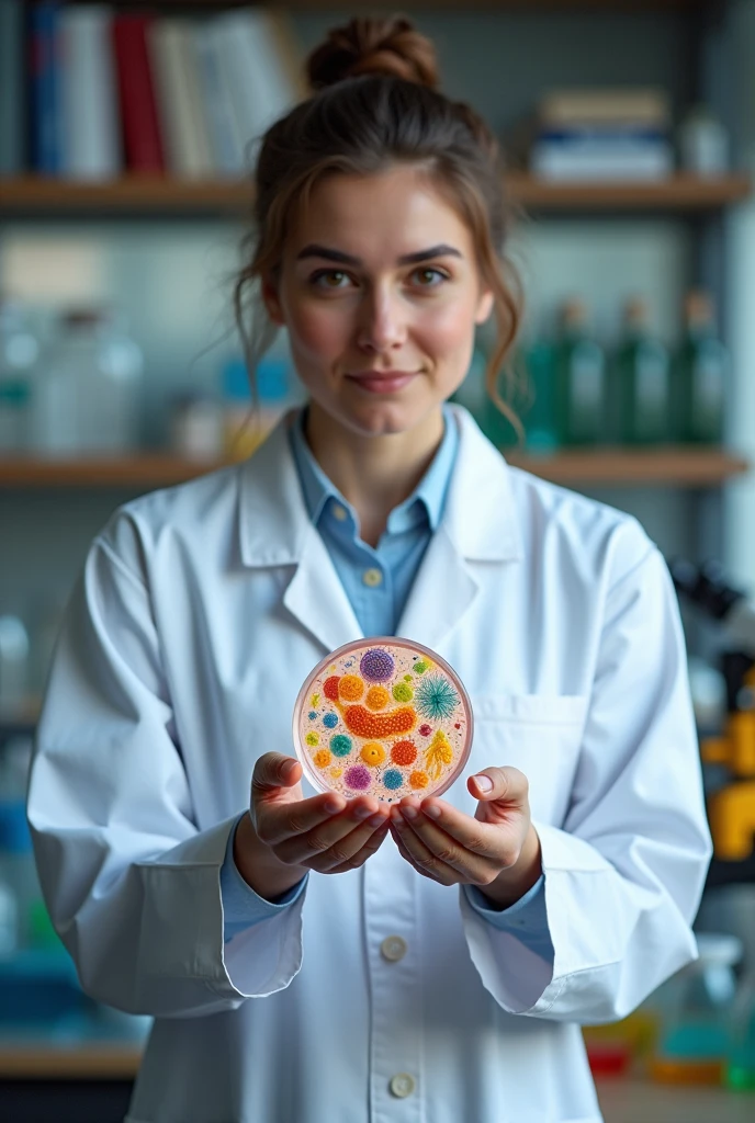 a biologist wearing a lab coat in drawing, holding an animal eukaryotic cell