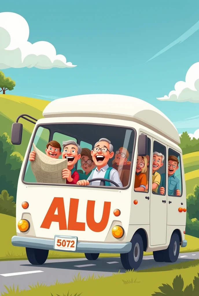 create an image of a bus in a style more like a travel company, It can be in a funny style and in 2d drawing, but it can be a simple drawing without many details. You can make the bus white and with adults instead of children., It can be a drawing with 6 adults only, and it should be a drawing with 2D lines. The bus can contain the word ALU