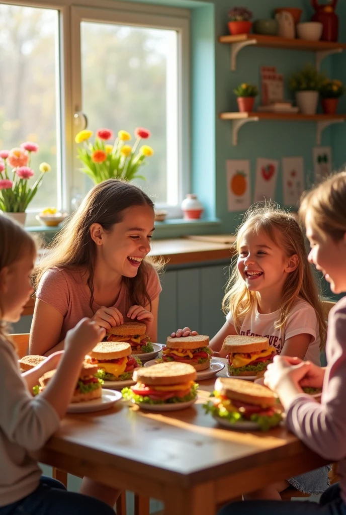 cinematic Very happy family at breakfast enjoying some sandwiches at their table