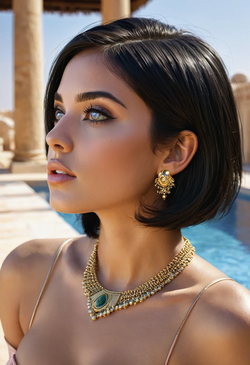  1girl, Egyptian princess, (masterpiece:1.3), (8k, photorealistic, RAW photo, best quality: 1.4), (1girl), beautiful face, (realistic face), (black hair, short hair:1.3), beautiful hairstyle, realistic eyes, beautiful detailed eyes, , cute, young, slim, gold jewelry, nude,  shiny skin, princess's chambers, canopy, sky, pool, back view, looking back, closeup, from below, low angle,, naughty_face, blush, parted lips, half-closed_eyes,   ExpressiveH 