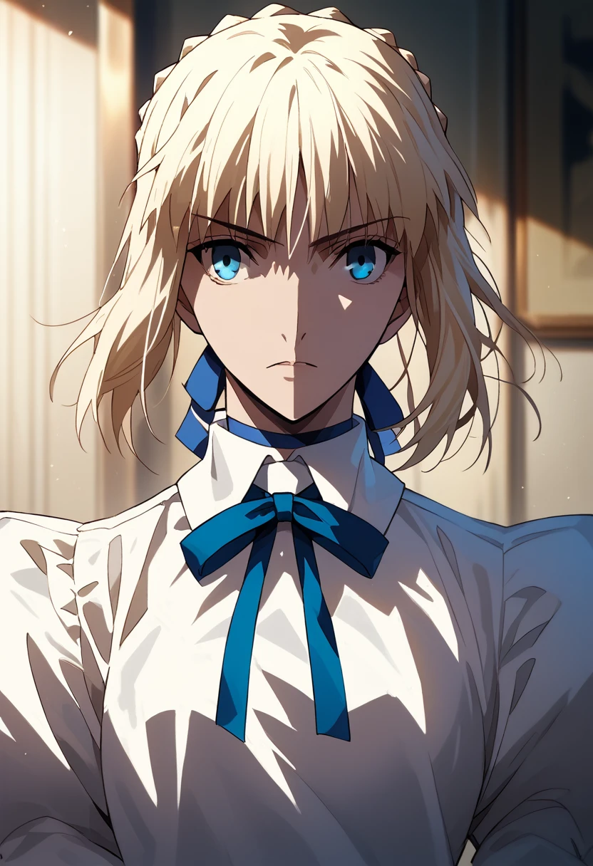 best quality, masterpiece, highres, solo, (saber_fatestaynightufotable:1.10), 1girl, white shirt, style parody, neck ribbon, anime coloring, upper body, looking at viewer, anime_style, 9 