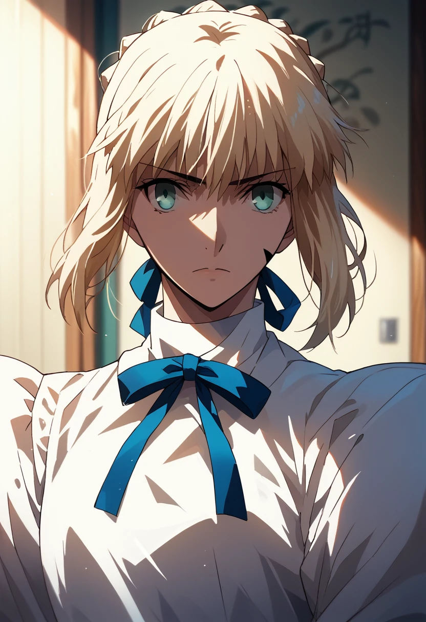 best quality, masterpiece, highres, solo, (saber_fatestaynightufotable:1.10), 1girl, white shirt, style parody, neck ribbon, anime coloring, upper body, looking at viewer, anime_style, 9