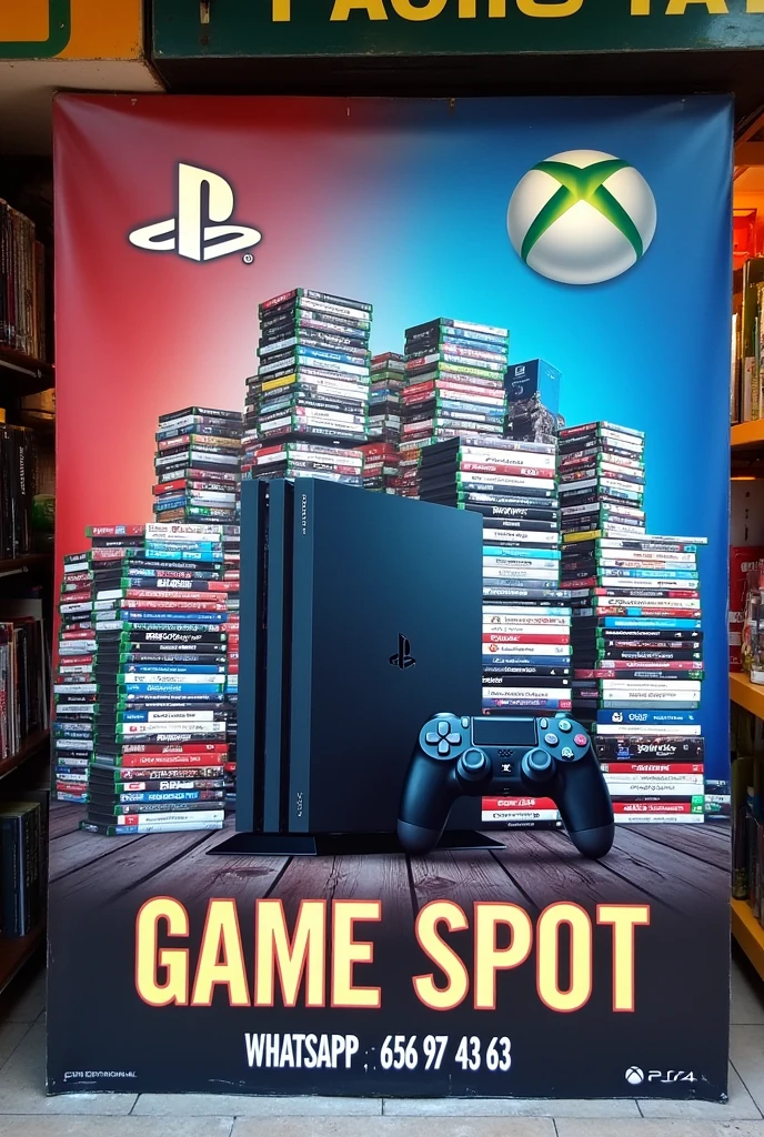Je voudrais vendre des jeux ps4 , ps5 et Xbox . Le nom de ma boutique sera "GAME SPOT" et le numéro de téléphone whatsapp à contacter pour acheter des jeux sera "656 97 43 63". A partir de ces informations , je voudrais que tu me generes une affiche attrayante de vente de jeux vidéos , l'image doit bien refleter des étuis de jeux ps4 et xbox aussi ajoute aussi des consoles ps4 et xbox et ps4 , ajoutes des piles de jeux videos ps4 et xbox a limage ,inclues aussi une identification visuelle de la marque Ps4 , et Xbox aussi , en incluant sur limage le nom de ma boutique et aussi le numero de telephone whatsapp a contacter (656 97 43 63 )