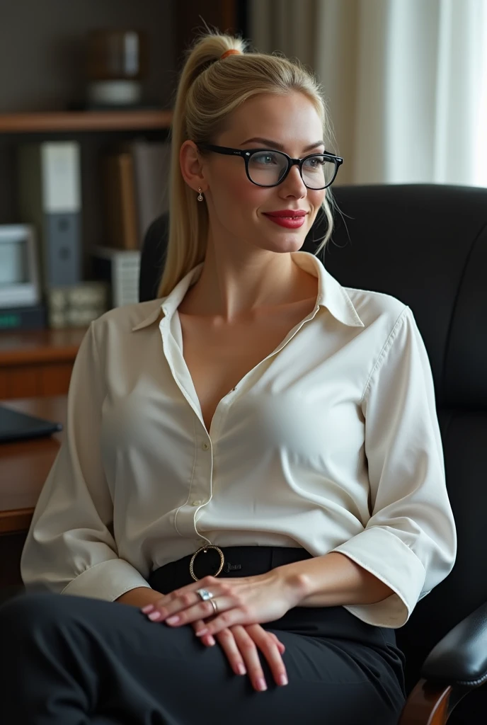 attractive blonde frau, hair combed straight and tied into a ponytail with a hair clip, rich, expensive clothes, wears a blouse, die Bluse spannt sich über die Huge, sexly, sexually aroused, want to fuck, Huge , secretary, huge, plumped up, round red lips, evil, glasses, wears a skin-tight blouse, Wearing a suit, Office, sitting on a chair, legs overgrown, bright room, smiles thoughtfully, leans back in chair, Highlight on the blouse, bigger breasts, Huge, Huge, Huge, bigger breasts , elaborate hairstyle, soft face, sweet makeup, perfect legs, SHINY LEGS, compressed breasts, bigger breasts, bigger breasts, bigger breasts, bigger breasts