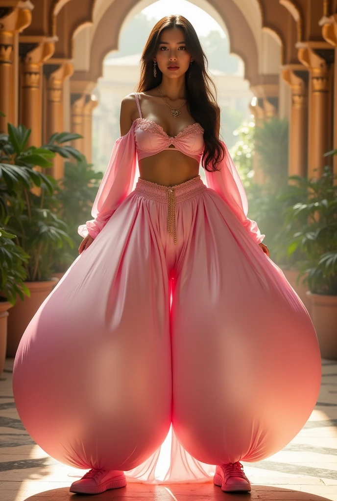 Hitomi Tanaka, solo, fullbody, brown long hair, brown eyes, humongous breasts, oppai, wearing an Arabian princess outfit consisting of humongous inflatable satin princess Jasmine-style pants, pink shoes & a simple bra. The pants are light pink and extremely puffy and completely round and completely spherical, high quality.