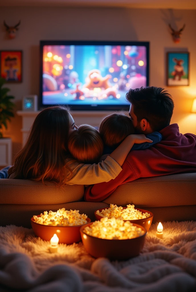 I want a coloring page that depicts a movie night at home where parents and children watch kids' movies at home, eating popcorn and hugging.