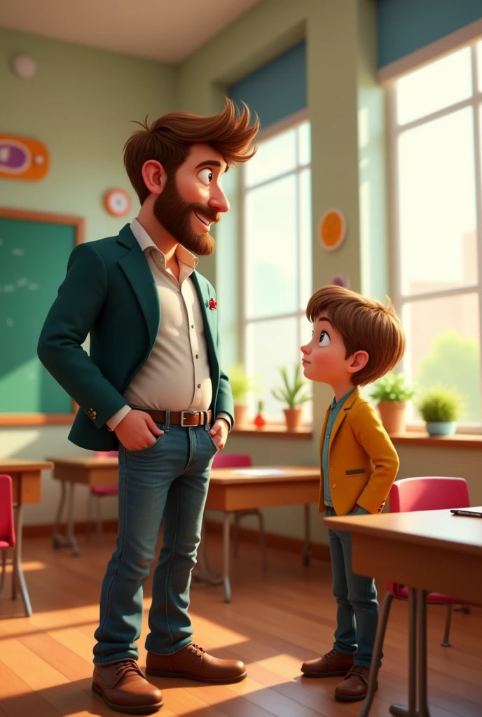 Hyper realistic, colorful Pixar style image of scene of 3D cartoon style of scene of the dad wearing jeans and professional clothes with brown hair talking to his boy with firm face expression in the school classroom